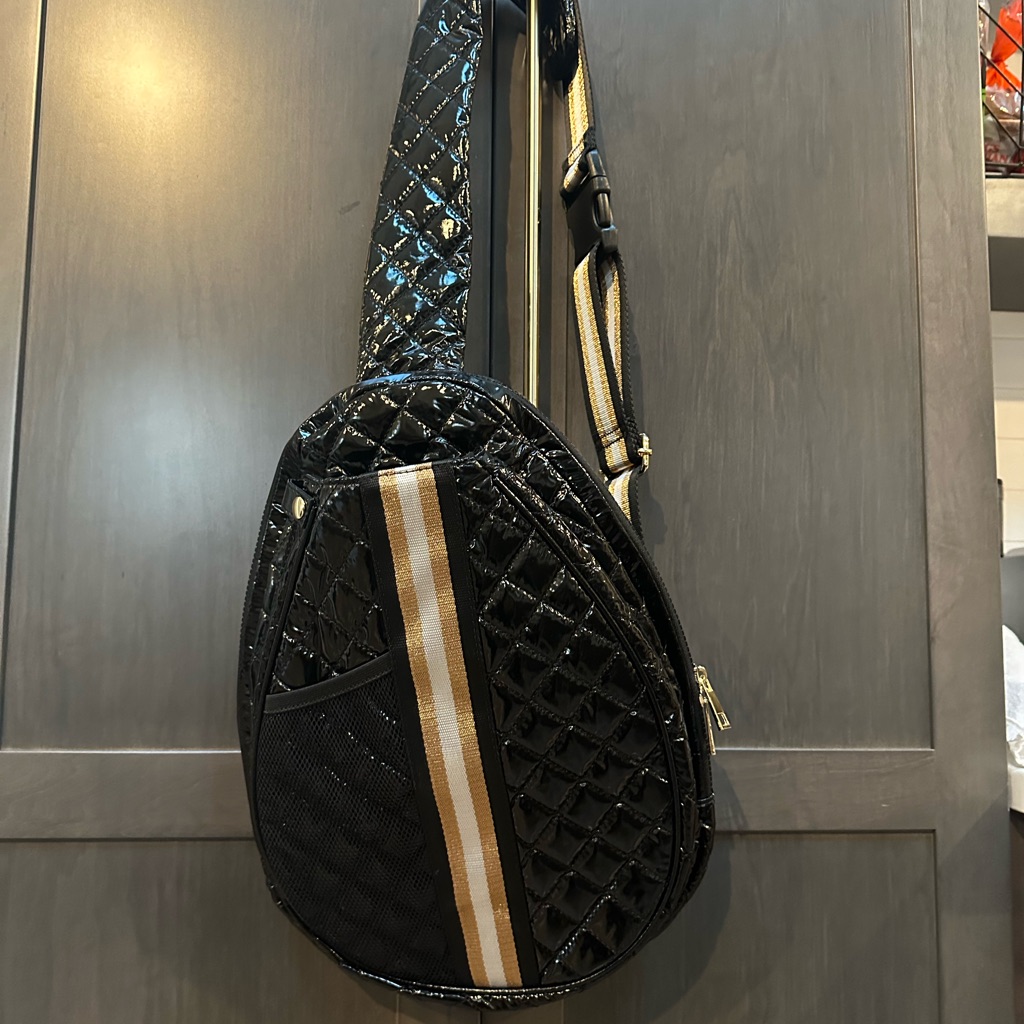 Nwt Pickleball Black Puffer Crossbody Bag With Strip Adjustable Strap.